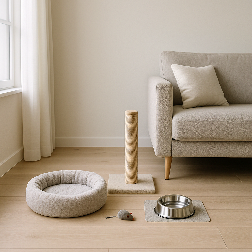 Calm cat corner with bed, scratching post, water bowl, and toy in natural light.